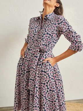 Boden Size 14 Kitty Red Navy Meadow Floral Belted Long Sleeve A-Line Shirt Dress